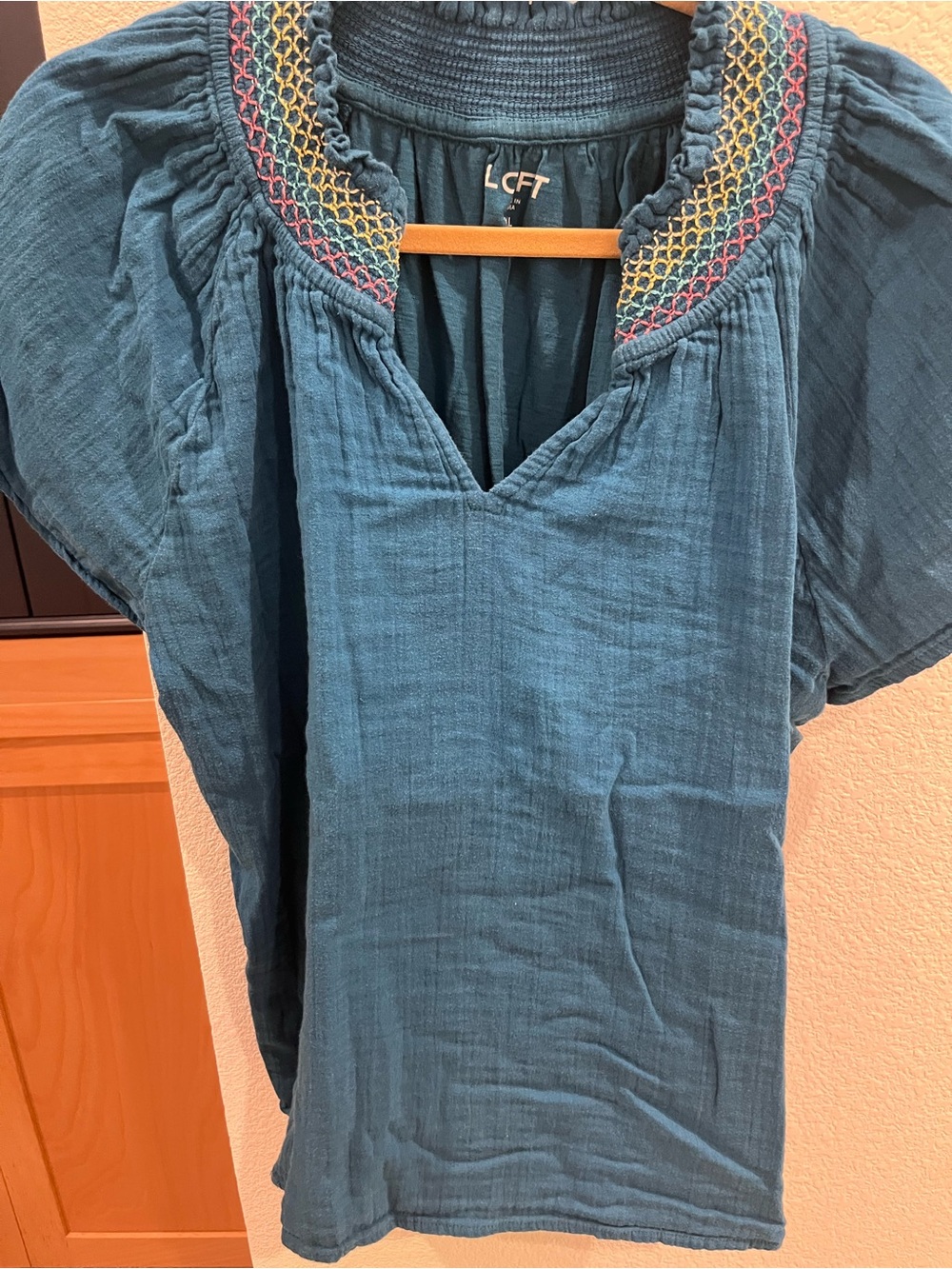 LOFT Double Cloth Teal Embroidered Smocked Neck Blouse XL